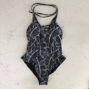 Far West V Neck Abstract Leaf Print Nylon One Piece Swimsuit Blk + Wht Sz S NWT
